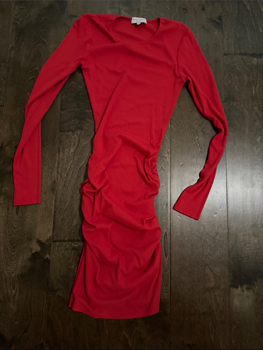 Ruched Long Sleeve Midi Dress in Red